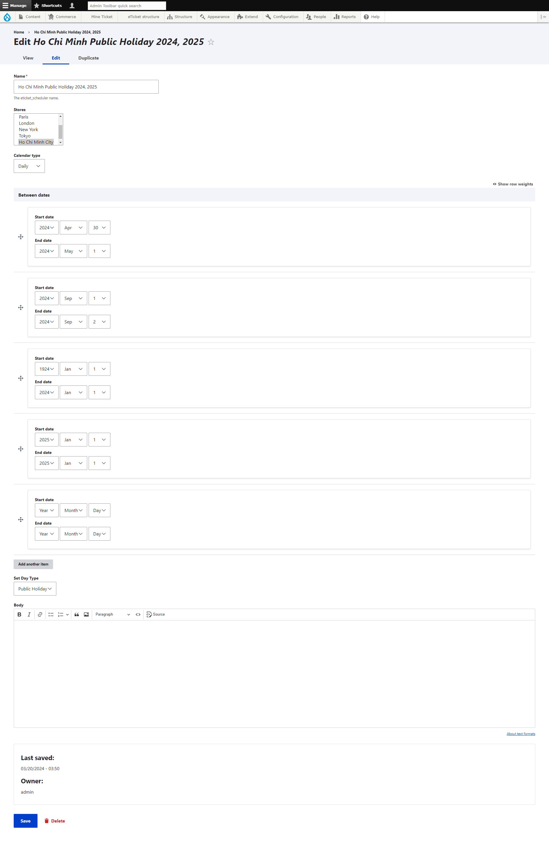 Detail Scheduler - Public Holiday at Ho Chi Minh